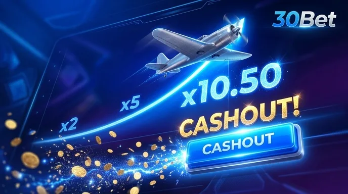 Aviator crashspel met stijgende multiplier en cashout op het scherm van 30Bet